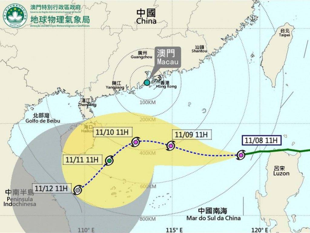 澳門氣象局預料，銀杏將於周六及周日在澳門以南350公里附近掠過（澳門氣象局網站截圖）